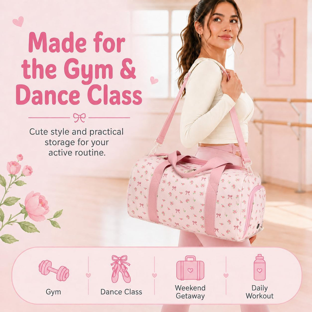 Gym Duffle Bag for Women Girls, Sports Workout Travel Bag with Shoe Compartment, Weekender Bags Wet Pocket