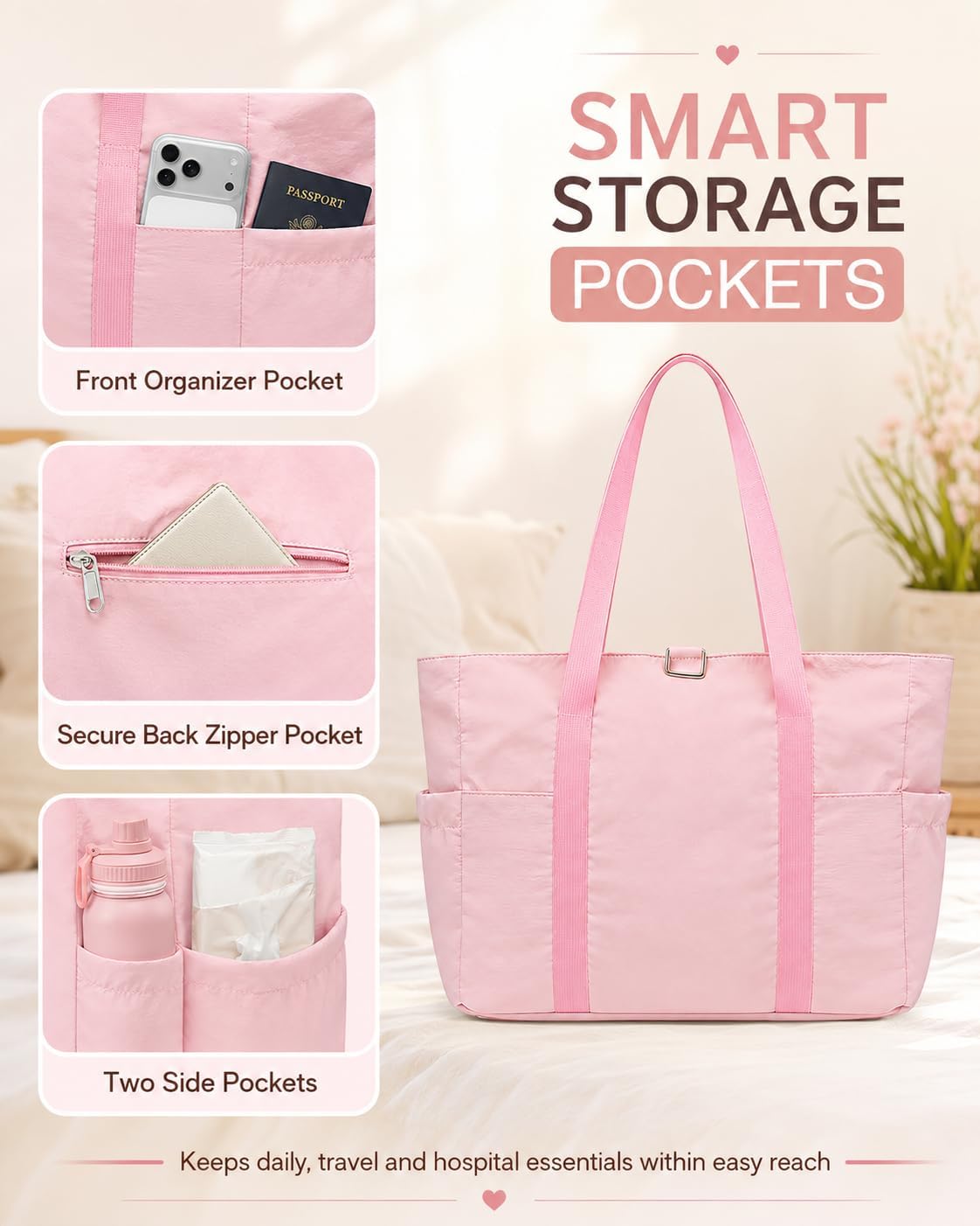 Travel Bags for Women, 26L Capacity Travel Bag, Small Zipper Tote Bag for Work Every Day, Lightweight Shoulder Handbag Hospital Overnight Weekender Bag Travel Essentials
