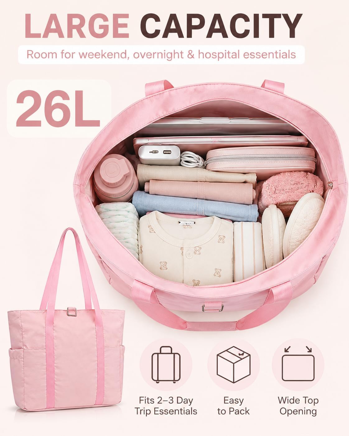 Travel Bags for Women, 26L Capacity Travel Bag, Small Zipper Tote Bag for Work Every Day, Lightweight Shoulder Handbag Hospital Overnight Weekender Bag Travel Essentials