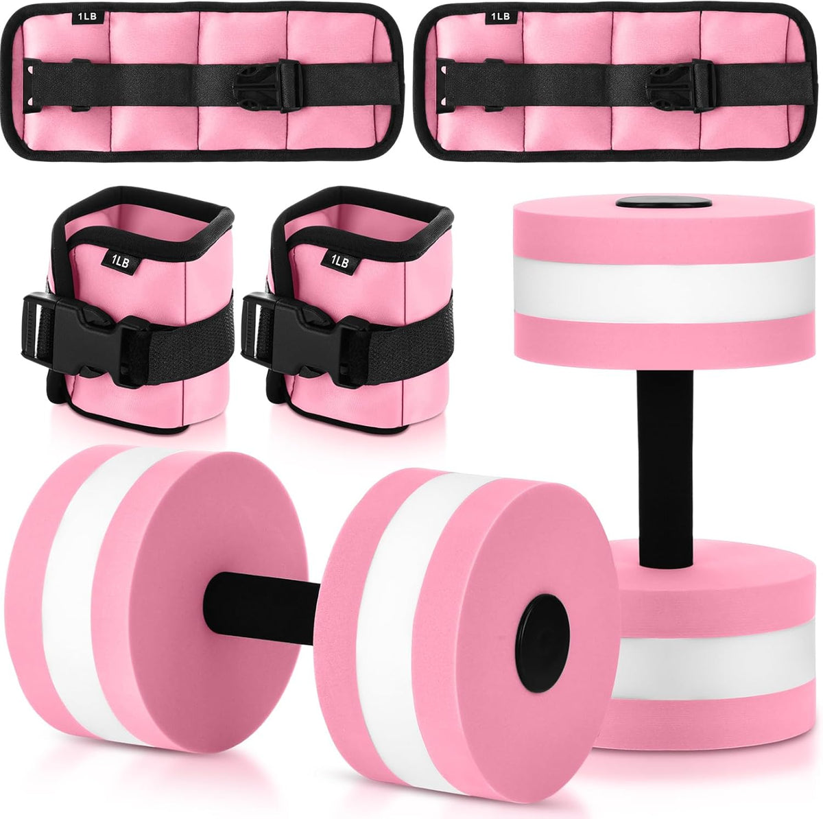 Water Aerobics Set, 4 Piece Pool Exercise Kit (2 Aquatic Dumbbells + 2 Ankle/wrist Weights), EVA Foam, Low-impact Workout