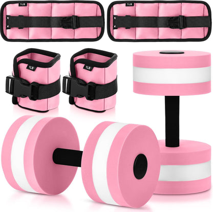 Water Aerobics Set, 4 Piece Pool Exercise Kit (2 Aquatic Dumbbells + 2 Ankle/wrist Weights), EVA Foam, Low-impact Workout