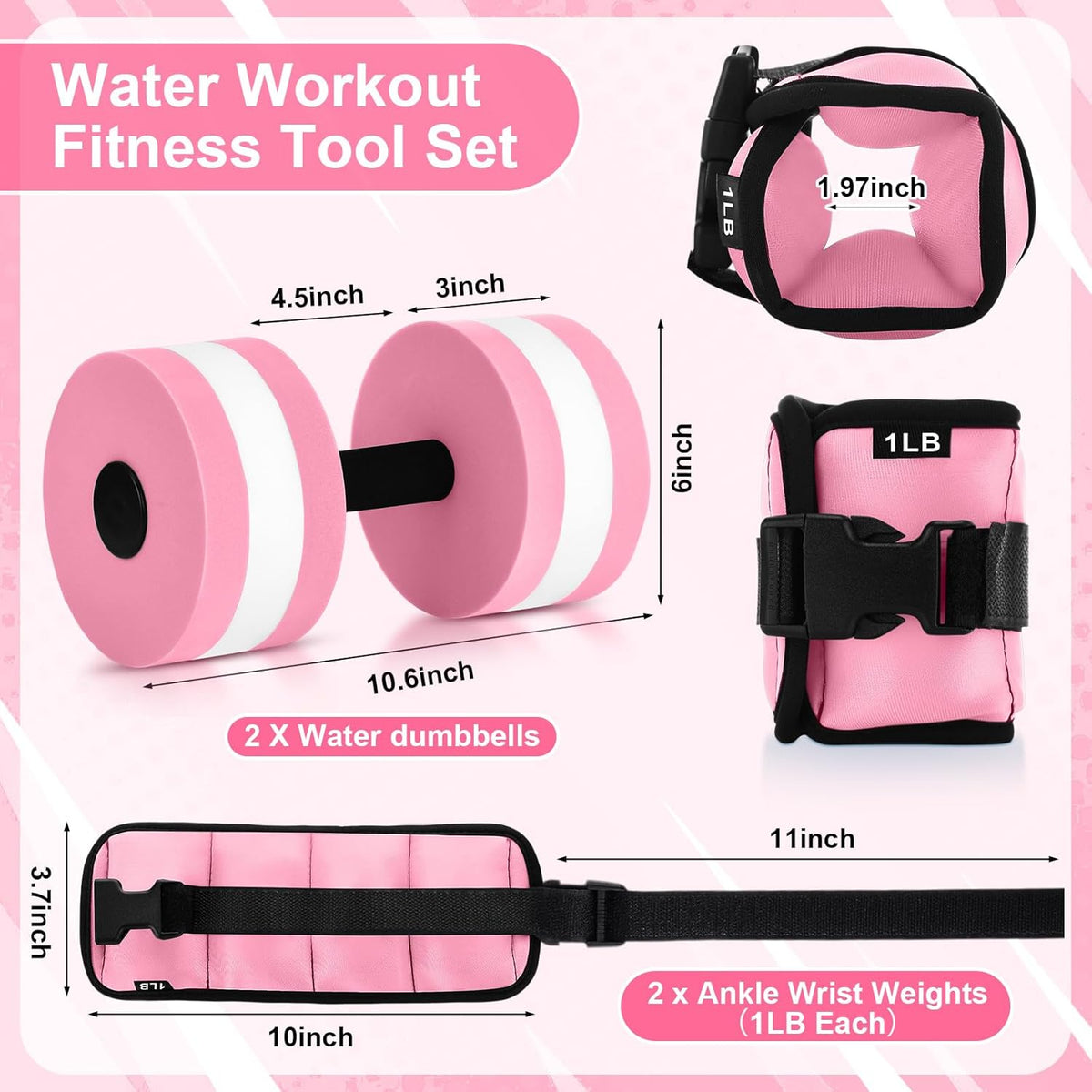 Water Aerobics Set, 4 Piece Pool Exercise Kit (2 Aquatic Dumbbells + 2 Ankle/wrist Weights), EVA Foam, Low-impact Workout