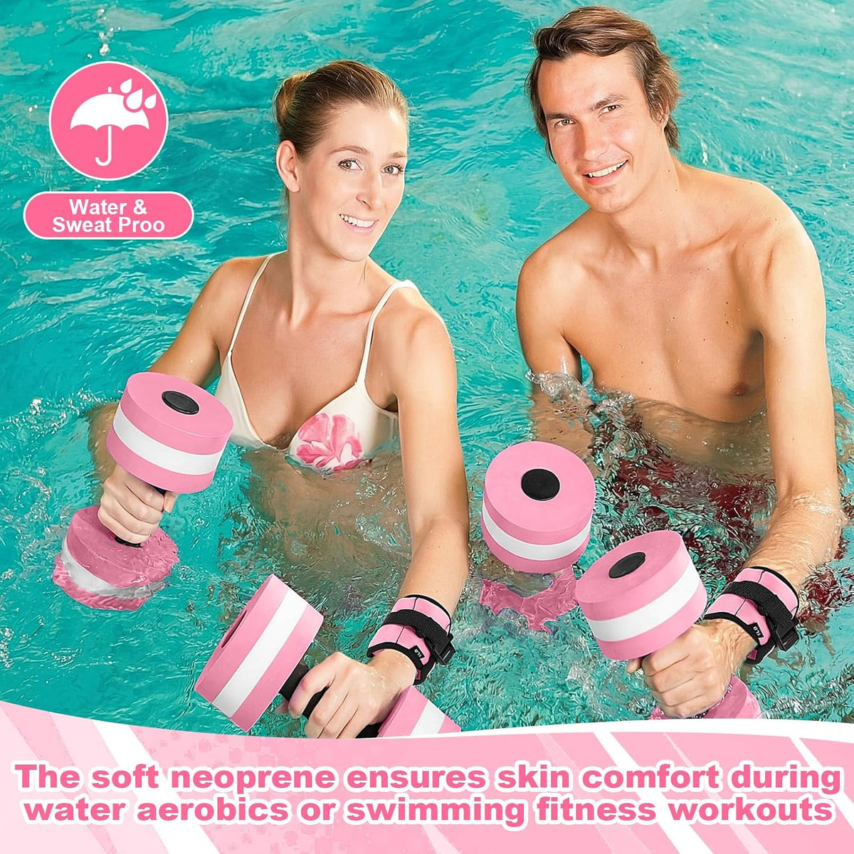 Water Aerobics Set, 4 Piece Pool Exercise Kit (2 Aquatic Dumbbells + 2 Ankle/wrist Weights), EVA Foam, Low-impact Workout