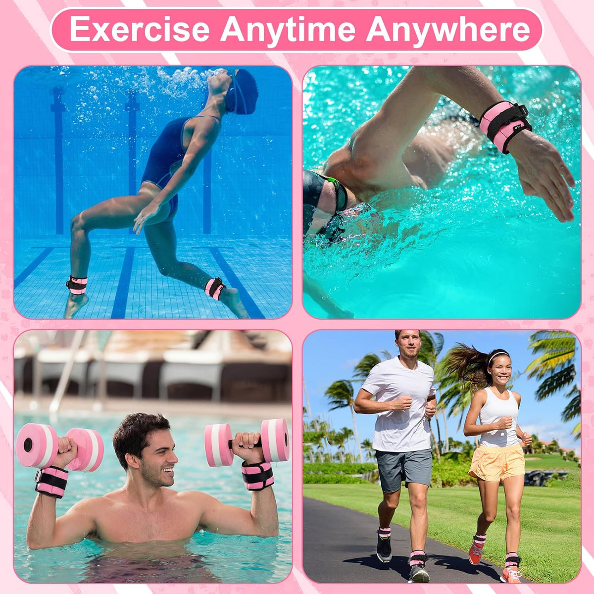 Water Aerobics Set, 4 Piece Pool Exercise Kit (2 Aquatic Dumbbells + 2 Ankle/wrist Weights), EVA Foam, Low-impact Workout
