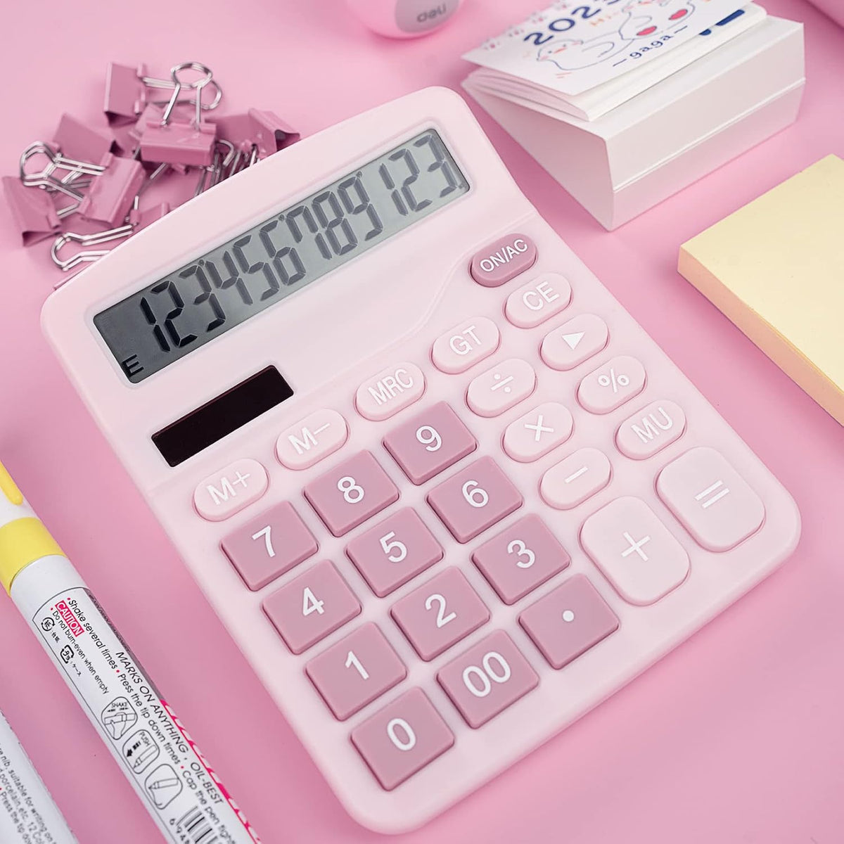 Cute Pink Desktop Calculator with Big Buttons, Dual Power Source