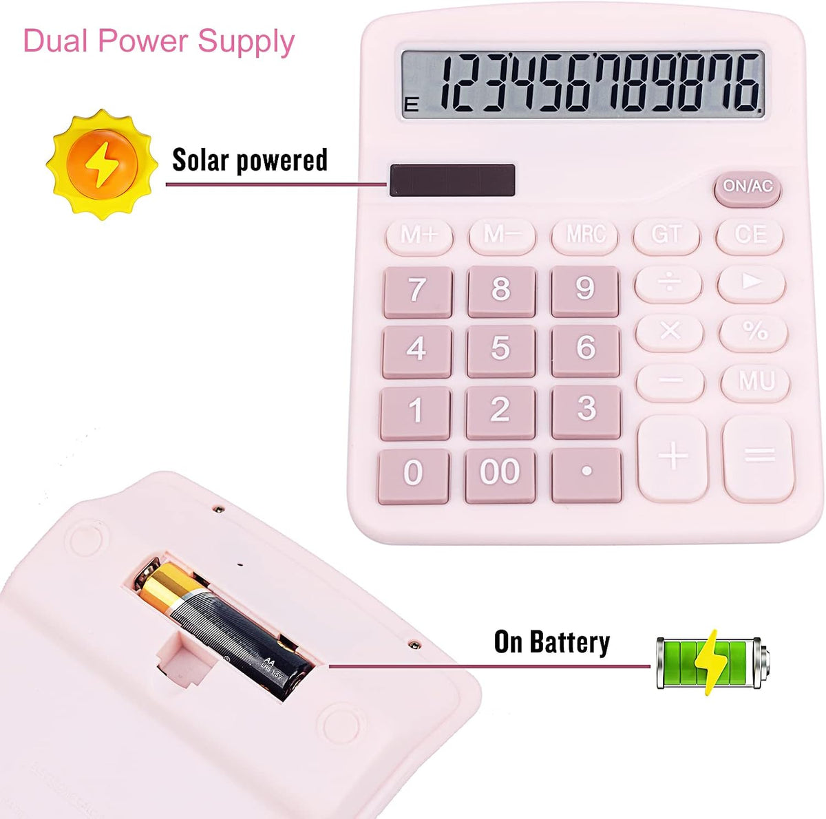 Cute Pink Desktop Calculator with Big Buttons, Dual Power Source
