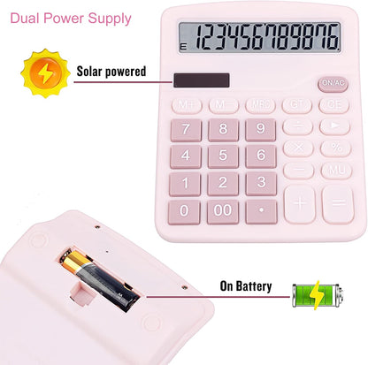 Cute Pink Desktop Calculator with Big Buttons, Dual Power Source