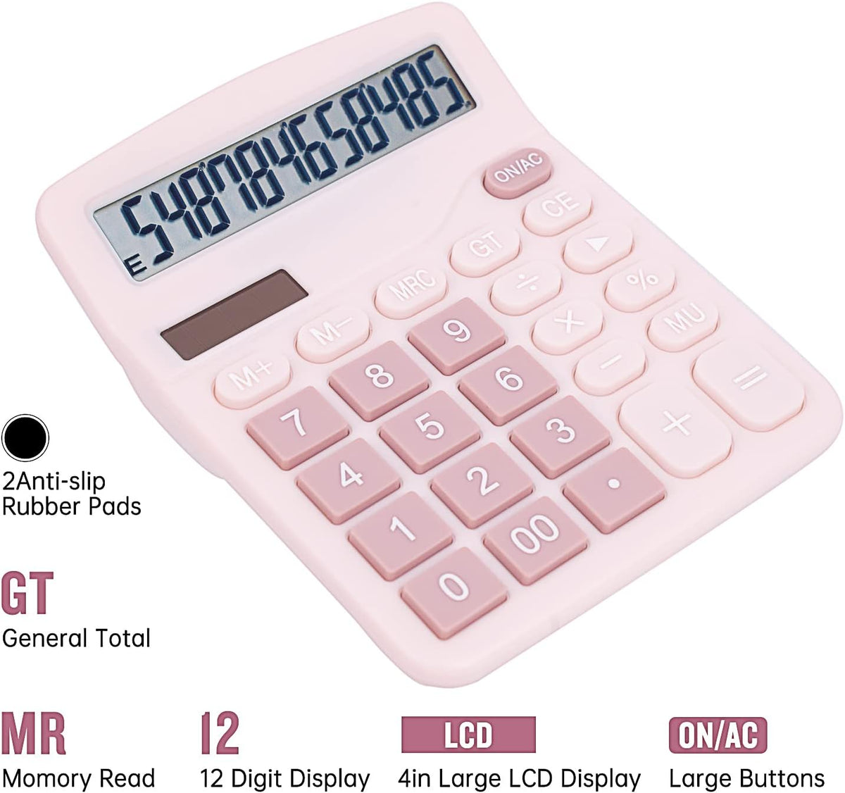 Cute Pink Desktop Calculator with Big Buttons, Dual Power Source
