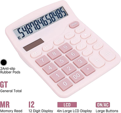 Cute Pink Desktop Calculator with Big Buttons, Dual Power Source