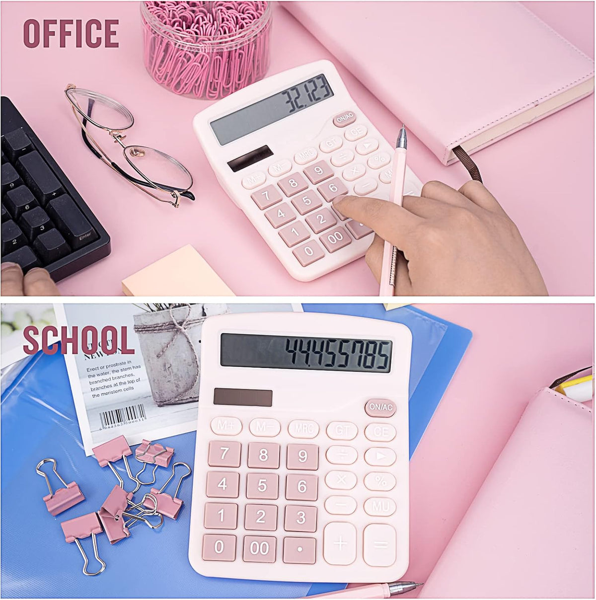 Cute Pink Desktop Calculator with Big Buttons, Dual Power Source