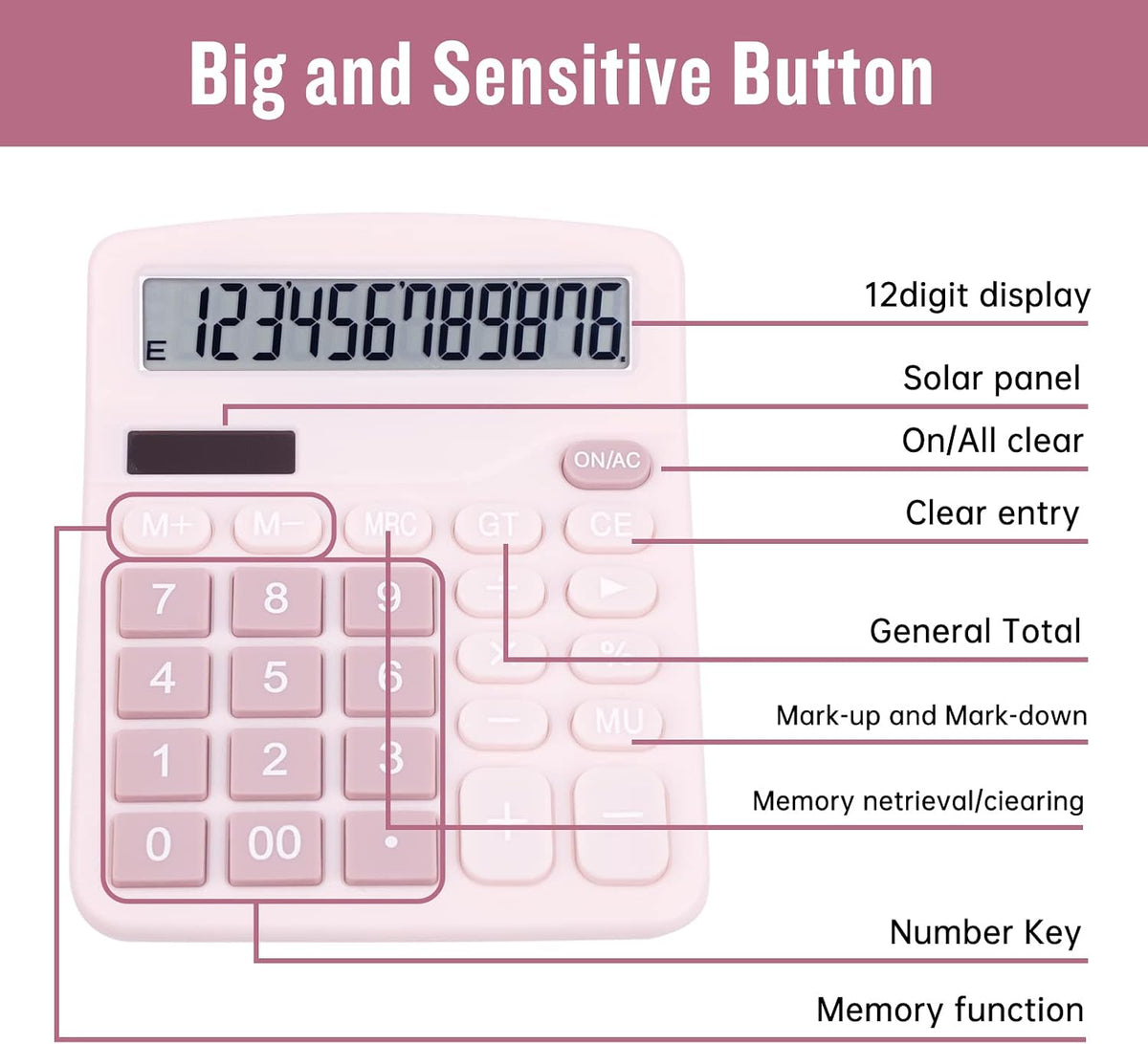 Cute Pink Desktop Calculator with Big Buttons, Dual Power Source