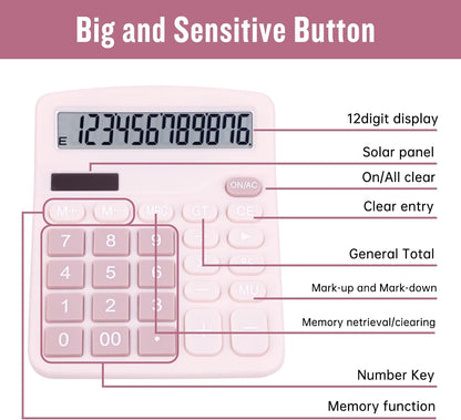 Cute Pink Desktop Calculator with Big Buttons, Dual Power Source