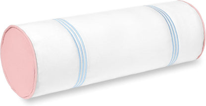 Coastal Grandmillennial Patio Indoor Outdoor Bolster Pillow Cover Only, 6"x20" Water Repellent for Backyard, Couch, Poolside, Baby Blue Pink Embroidered Stripes