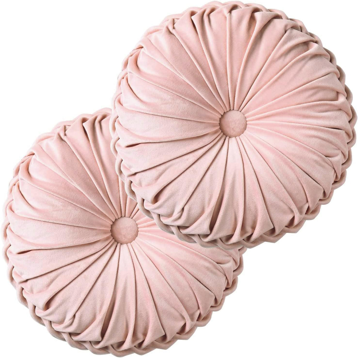 Set of 2 Pink Velvet Decorative Round Pleated Throw Pillows