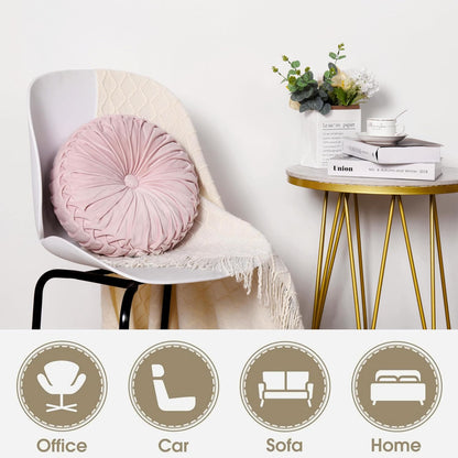 Set of 2 Pink Velvet Decorative Round Pleated Throw Pillows
