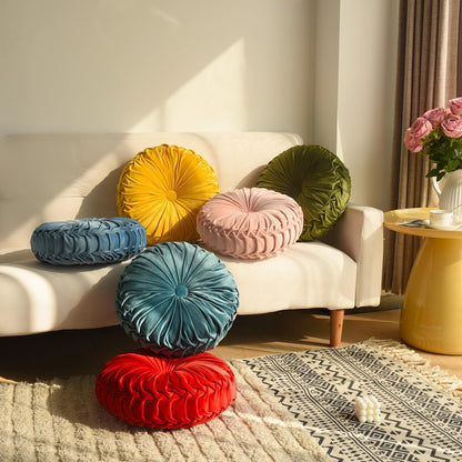 Set of 2 Pink Velvet Decorative Round Pleated Throw Pillows