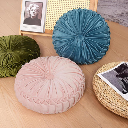 Set of 2 Pink Velvet Decorative Round Pleated Throw Pillows