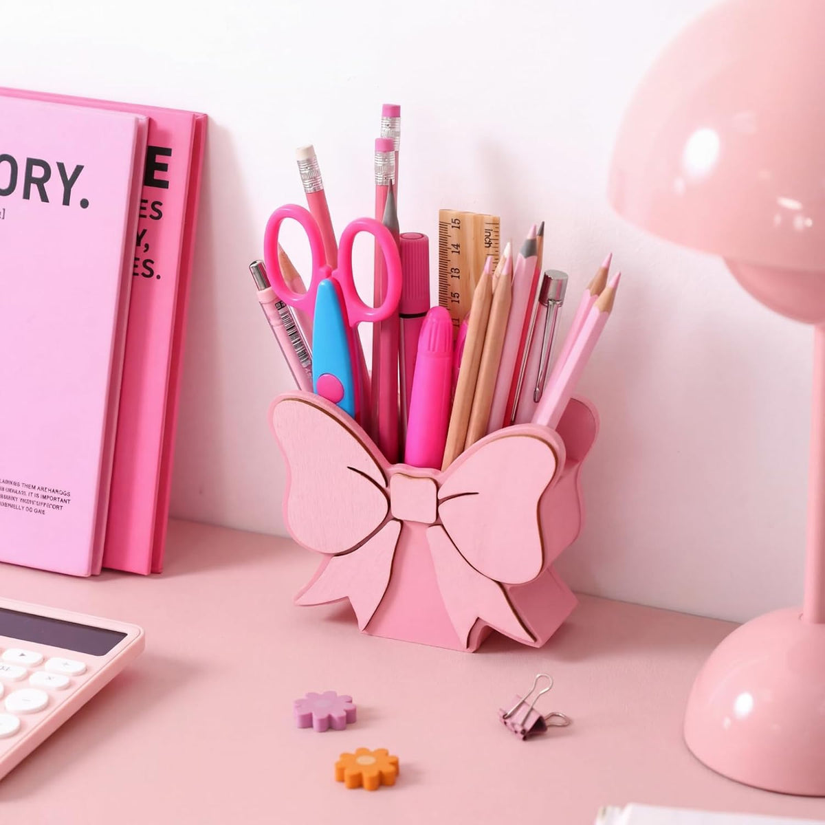 Pink Bow Pen Holder for Desk Large Capacity Pencil Holder for Girls