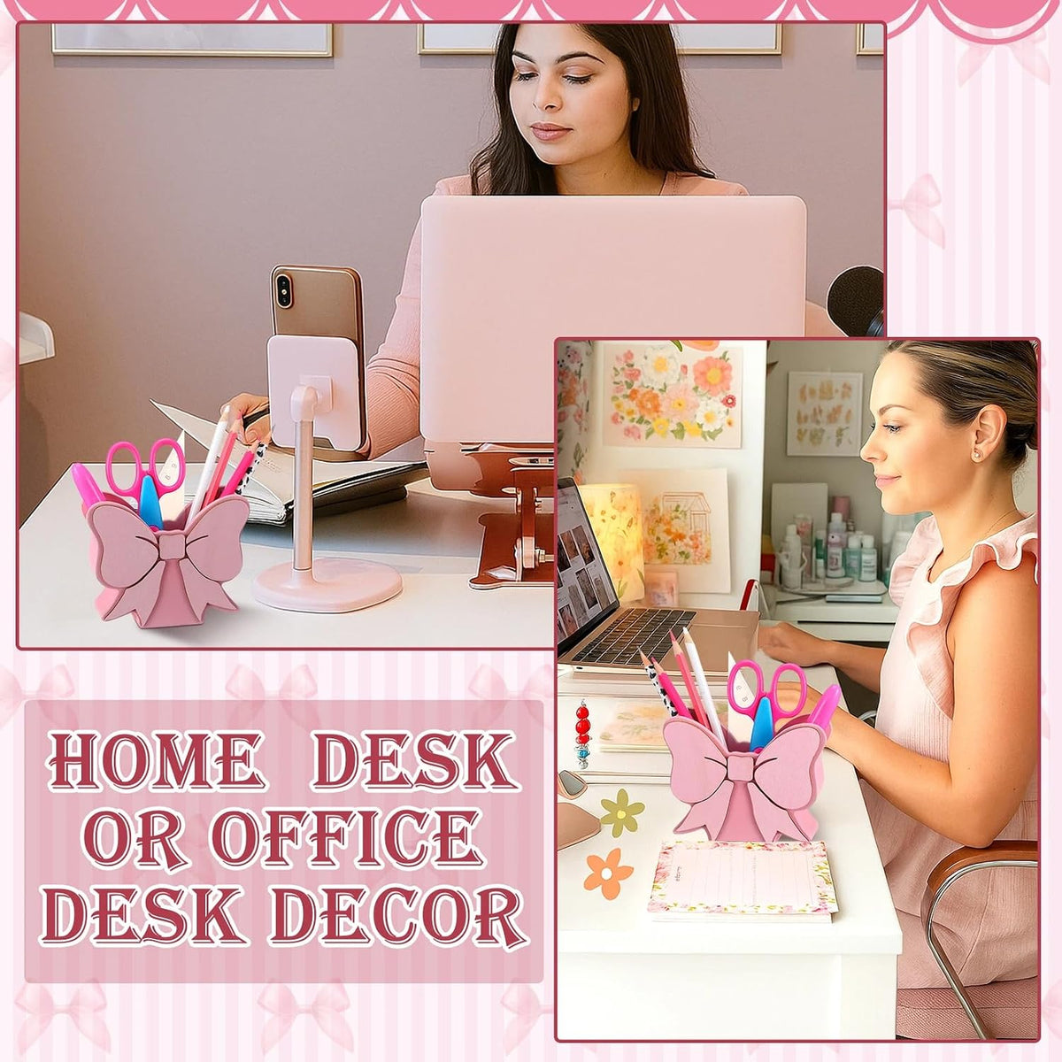 Pink Bow Pen Holder for Desk Large Capacity Pencil Holder for Girls