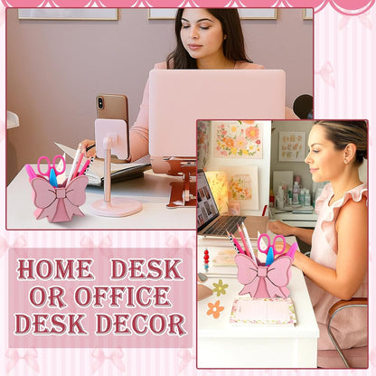 Pink Bow Pen Holder for Desk Large Capacity Pencil Holder for Girls