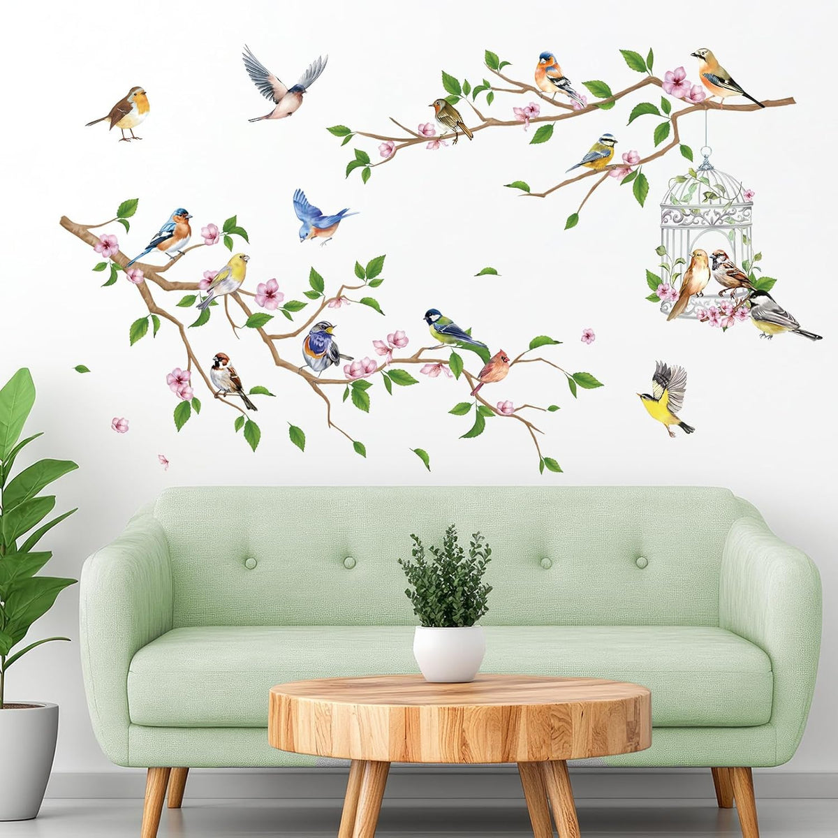 Flower Branches and Birds Wall Decals, Peach Tree with Birdcage Garden Themed Wall Stickers, Removable Self-Adhesive Wall Mural for Living Room, Bedroom