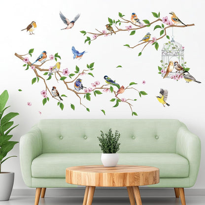 Flower Branches and Birds Wall Decals, Peach Tree with Birdcage Garden Themed Wall Stickers, Removable Self-Adhesive Wall Mural for Living Room, Bedroom