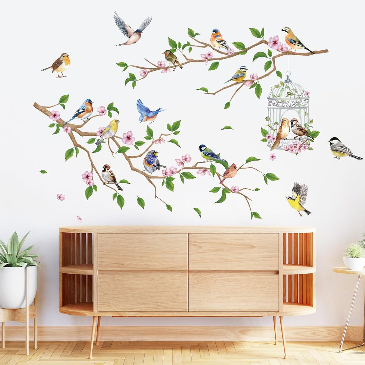 Flower Branches and Birds Wall Decals, Peach Tree with Birdcage Garden Themed Wall Stickers, Removable Self-Adhesive Wall Mural for Living Room, Bedroom