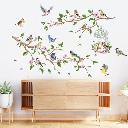 Flower Branches and Birds Wall Decals, Peach Tree with Birdcage Garden Themed Wall Stickers, Removable Self-Adhesive Wall Mural for Living Room, Bedroom