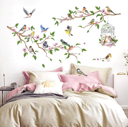 Flower Branches and Birds Wall Decals, Peach Tree with Birdcage Garden Themed Wall Stickers, Removable Self-Adhesive Wall Mural for Living Room, Bedroom