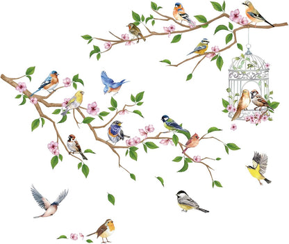 Flower Branches and Birds Wall Decals, Peach Tree with Birdcage Garden Themed Wall Stickers, Removable Self-Adhesive Wall Mural for Living Room, Bedroom