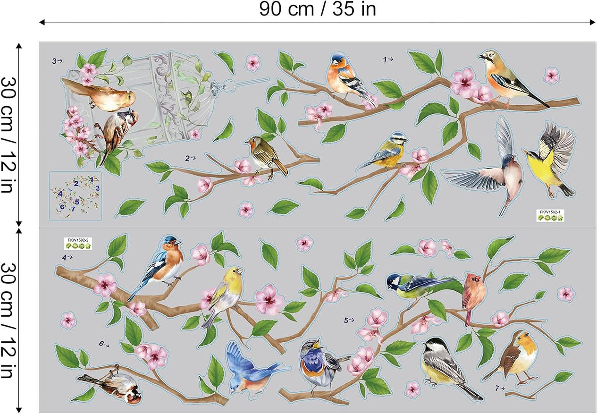 Flower Branches and Birds Wall Decals, Peach Tree with Birdcage Garden Themed Wall Stickers, Removable Self-Adhesive Wall Mural for Living Room, Bedroom
