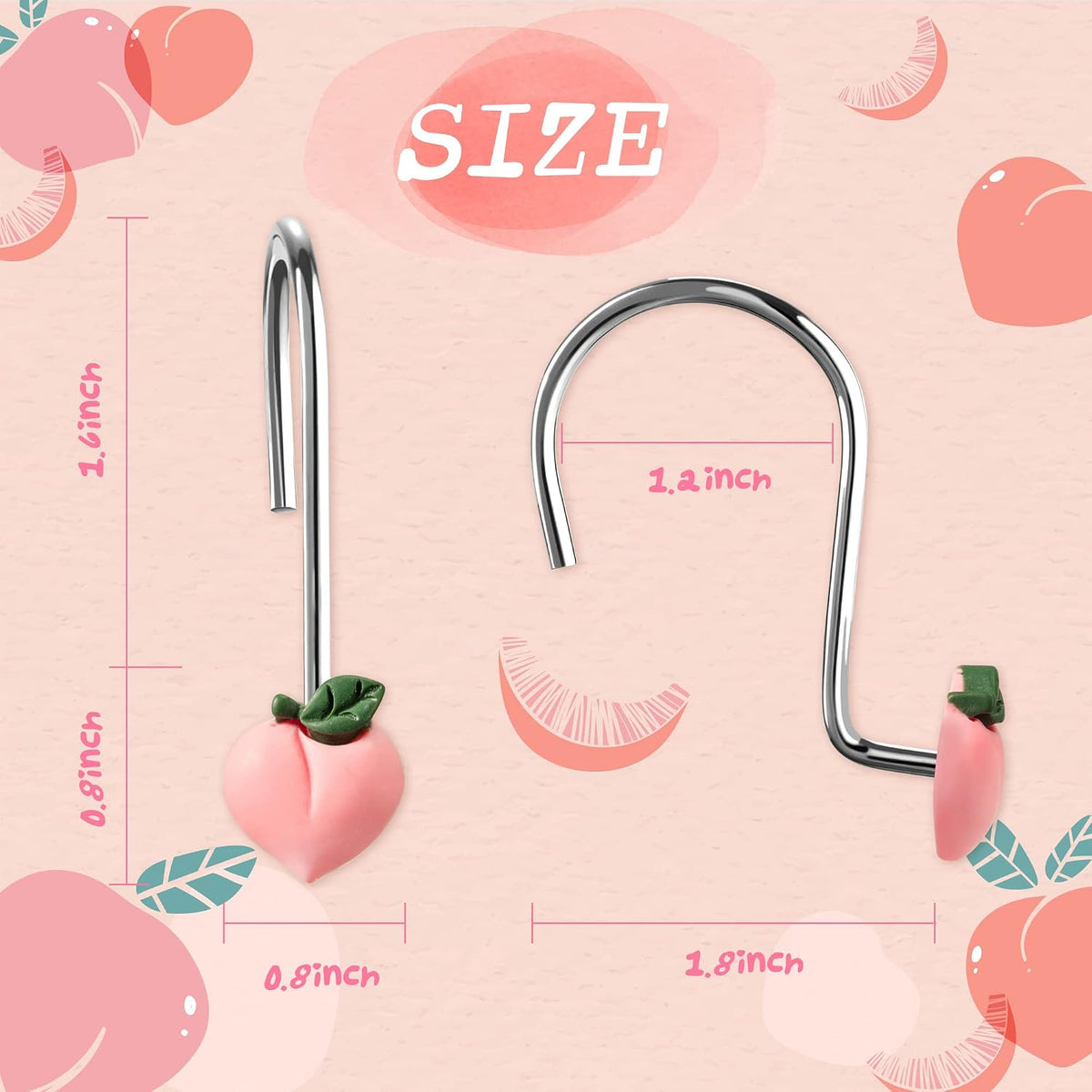 Peach Shower Curtain Hooks, 12 Pcs Bathroom Resin Decor Accessories