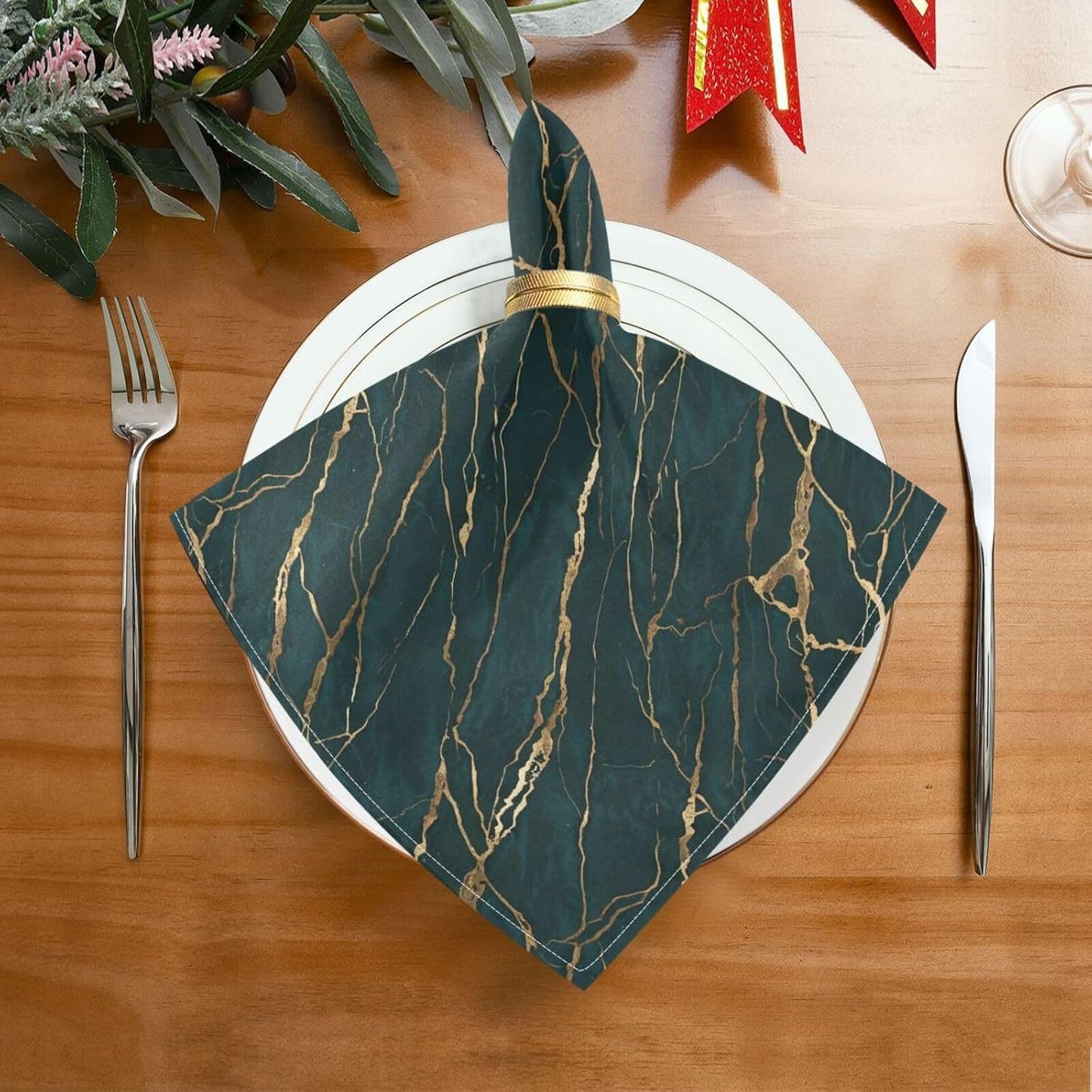 Emerald Gold Marble 20x20 Inch Cloth Napkins Set of 6, Satin Peach Skin Polyester Dinner Napkins, Washable Reusable Table Napkins with Hemmed Edges for Wedding Party Restaurant Everyday Use