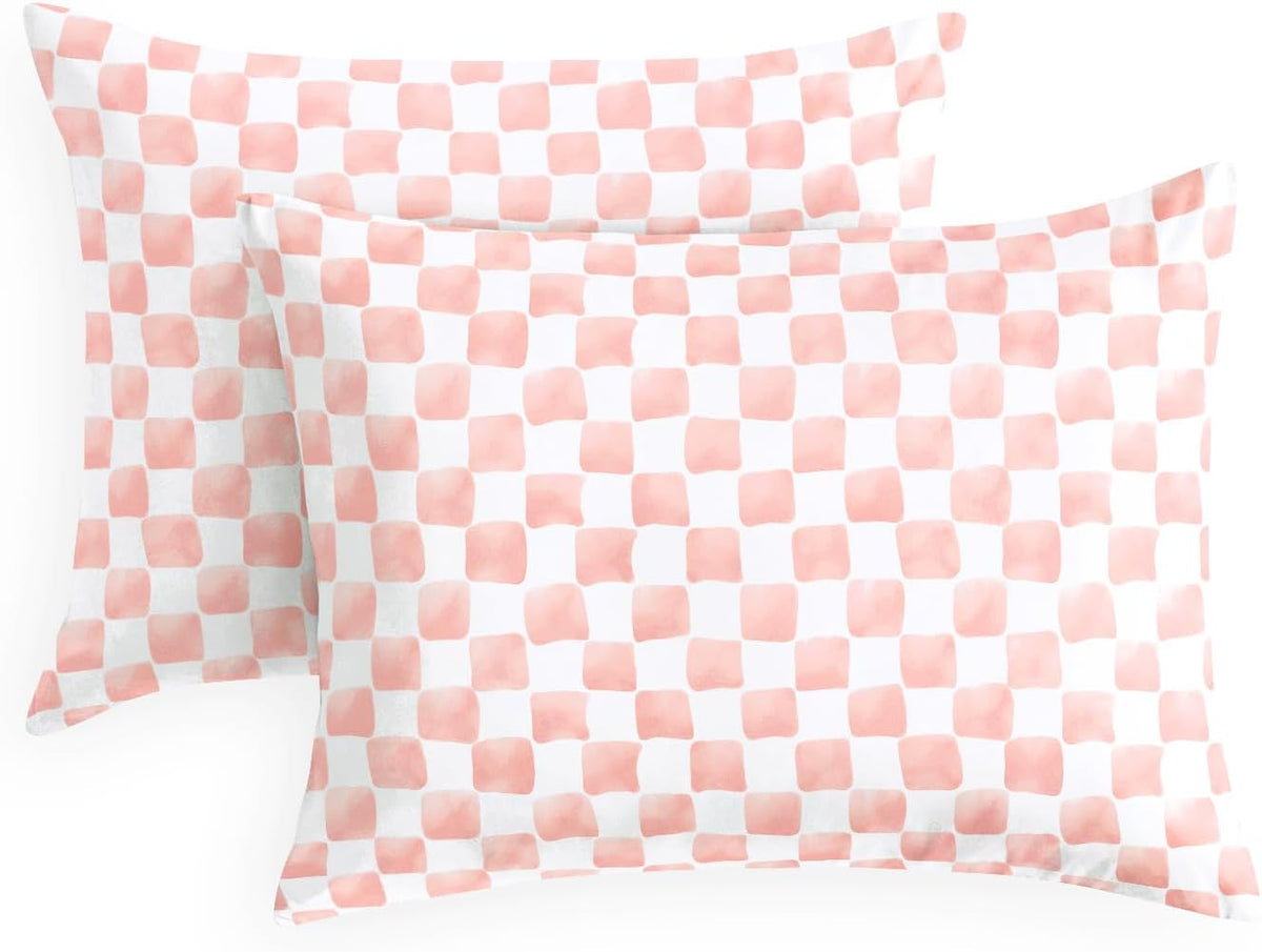 Gingham Pillow Cases, Checkered Grid Plaid Geometric Preppy Pattern Printed, Set of 2 Soft Pillowcases Pillow Shams Covers, Pink White, Standard Size 20x26 Inches
