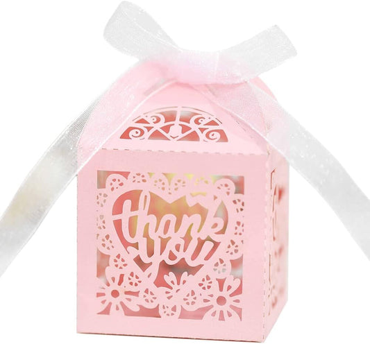 Katutude 50 Pcs Candy Gift Box Small Thank You Party Favor Boxes Wedding Favor Candy Boxes with Ribbons Floral Hollow Party Favor Candy Box for Wedding Bridal Shower Baby Shower Birthday Party