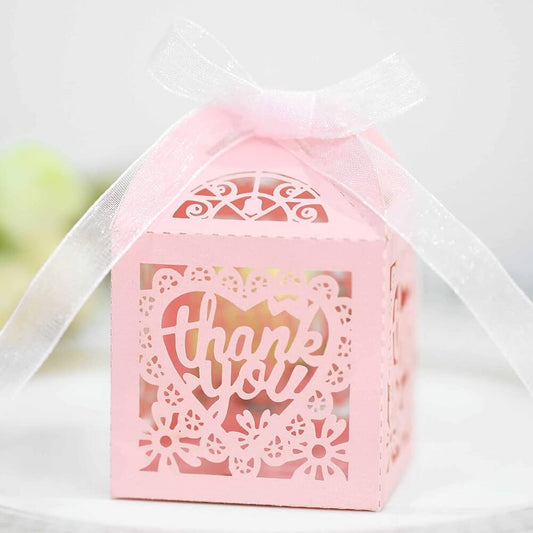 Katutude 50 Pcs Candy Gift Box Small Thank You Party Favor Boxes Wedding Favor Candy Boxes with Ribbons Floral Hollow Party Favor Candy Box for Wedding Bridal Shower Baby Shower Birthday Party