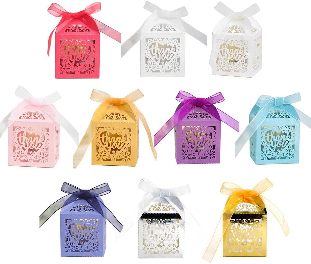 Katutude 50 Pcs Candy Gift Box Small Thank You Party Favor Boxes Wedding Favor Candy Boxes with Ribbons Floral Hollow Party Favor Candy Box for Wedding Bridal Shower Baby Shower Birthday Party