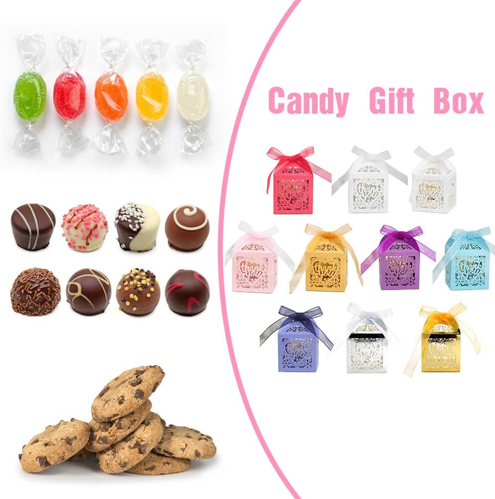 Katutude 50 Pcs Candy Gift Box Small Thank You Party Favor Boxes Wedding Favor Candy Boxes with Ribbons Floral Hollow Party Favor Candy Box for Wedding Bridal Shower Baby Shower Birthday Party