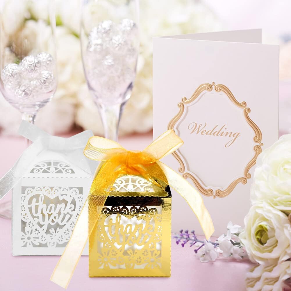 Katutude 50 Pcs Candy Gift Box Small Thank You Party Favor Boxes Wedding Favor Candy Boxes with Ribbons Floral Hollow Party Favor Candy Box for Wedding Bridal Shower Baby Shower Birthday Party