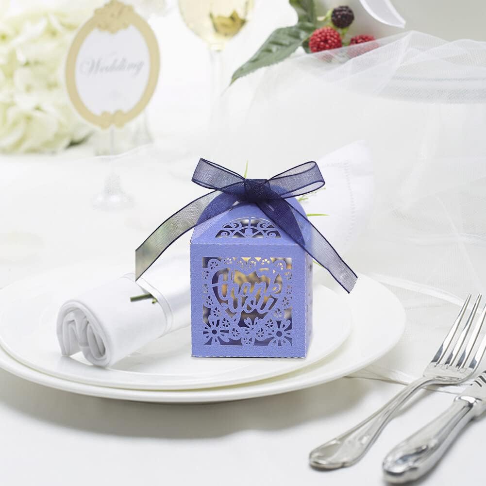 Katutude 50 Pcs Candy Gift Box Small Thank You Party Favor Boxes Wedding Favor Candy Boxes with Ribbons Floral Hollow Party Favor Candy Box for Wedding Bridal Shower Baby Shower Birthday Party
