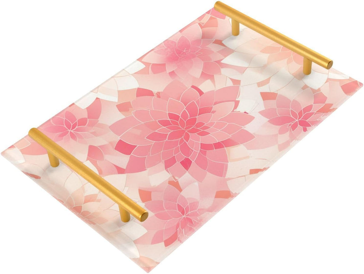 Rosette Floral Pattern Peach Gold Decorative Carrying Tray with Handles Rectangular Serving Tray for Jewelry Perfume for Food Service bandeja desayunos sorpresa para cumpleanos