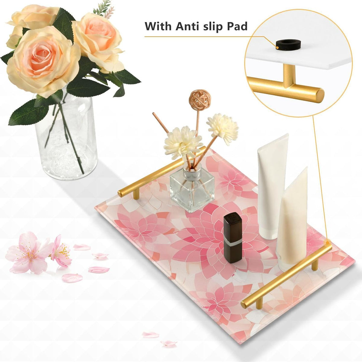 Rosette Floral Pattern Peach Gold Decorative Carrying Tray with Handles Rectangular Serving Tray for Jewelry Perfume for Food Service bandeja desayunos sorpresa para cumpleanos