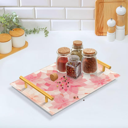 Rosette Floral Pattern Peach Gold Decorative Carrying Tray with Handles Rectangular Serving Tray for Jewelry Perfume for Food Service bandeja desayunos sorpresa para cumpleanos