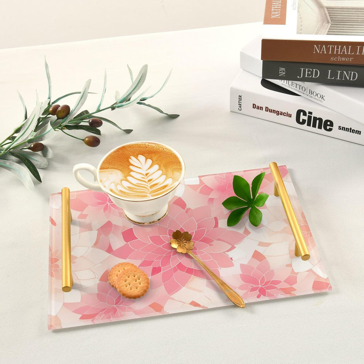 Rosette Floral Pattern Peach Gold Decorative Carrying Tray with Handles Rectangular Serving Tray for Jewelry Perfume for Food Service bandeja desayunos sorpresa para cumpleanos