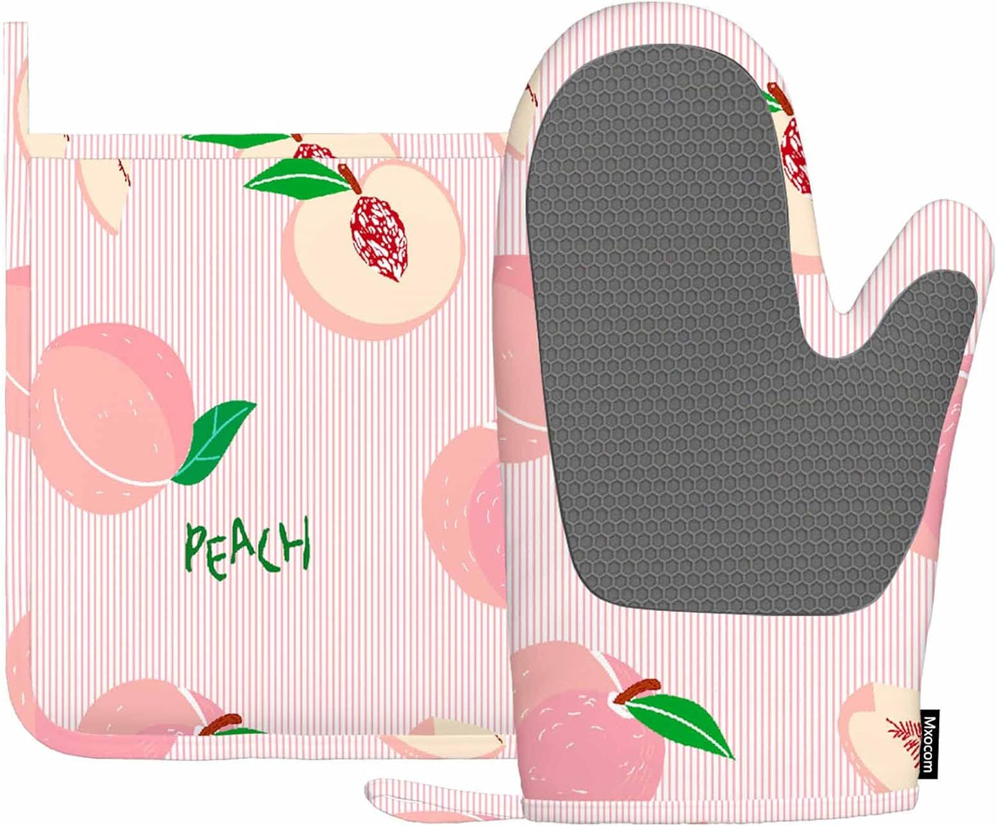 Pink Peach Silicone Oven Mitts and Pot Holders Sets Hand Drawn Fruits on Pink Striped Background BBQ Gloves for Kitchen,Cooking,Baking,Grilling