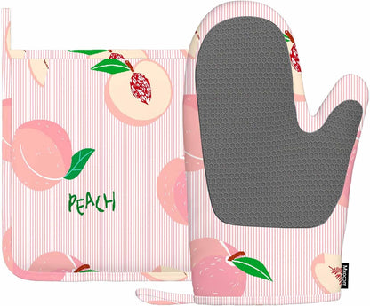 Pink Peach Silicone Oven Mitts and Pot Holders Sets Hand Drawn Fruits on Pink Striped Background BBQ Gloves for Kitchen,Cooking,Baking,Grilling
