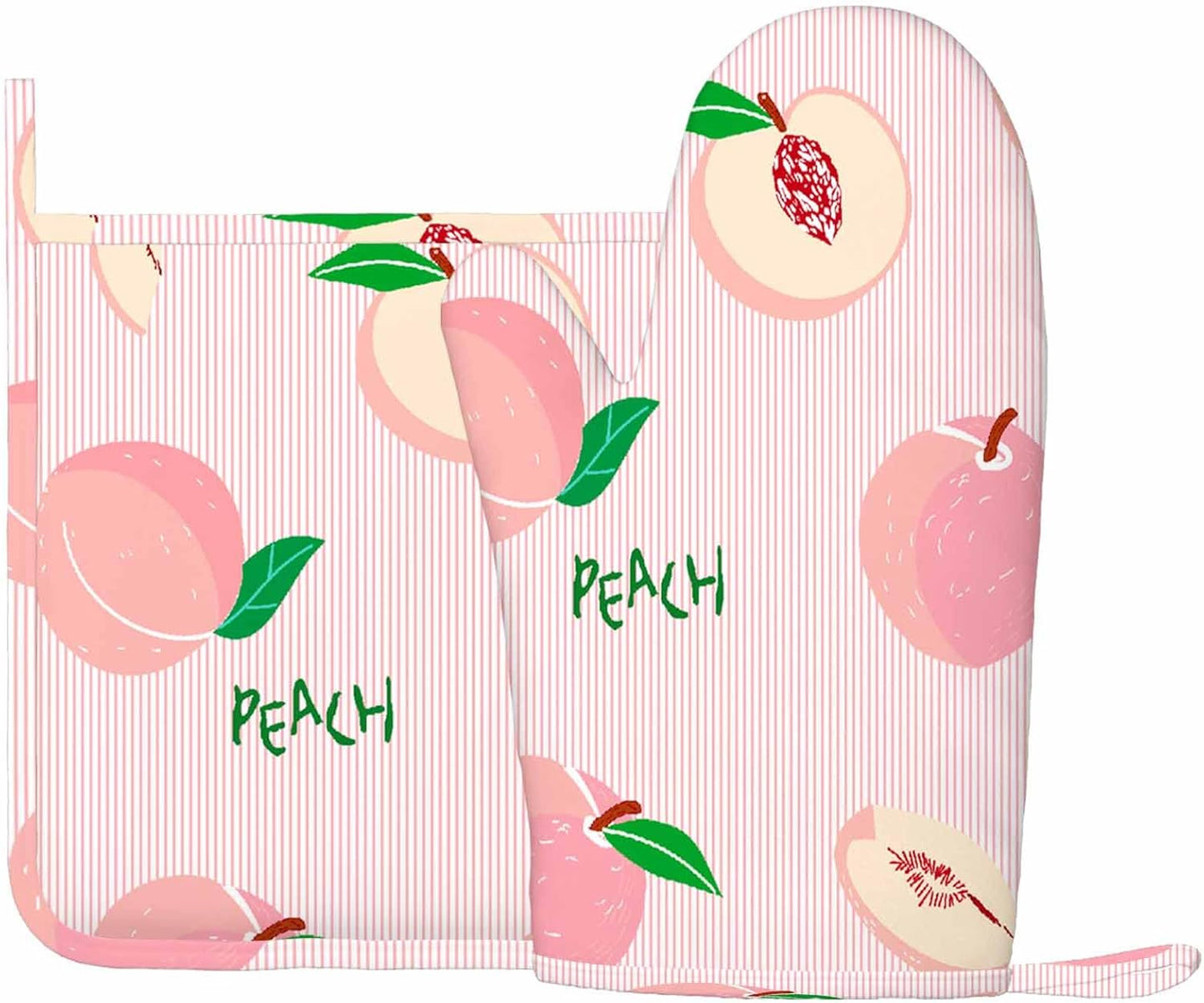 Pink Peach Silicone Oven Mitts and Pot Holders Sets Hand Drawn Fruits on Pink Striped Background BBQ Gloves for Kitchen,Cooking,Baking,Grilling