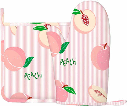 Pink Peach Silicone Oven Mitts and Pot Holders Sets Hand Drawn Fruits on Pink Striped Background BBQ Gloves for Kitchen,Cooking,Baking,Grilling