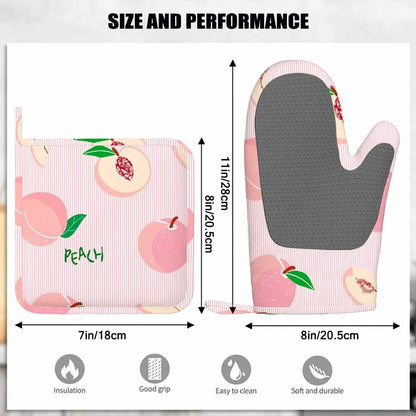 Pink Peach Silicone Oven Mitts and Pot Holders Sets Hand Drawn Fruits on Pink Striped Background BBQ Gloves for Kitchen,Cooking,Baking,Grilling