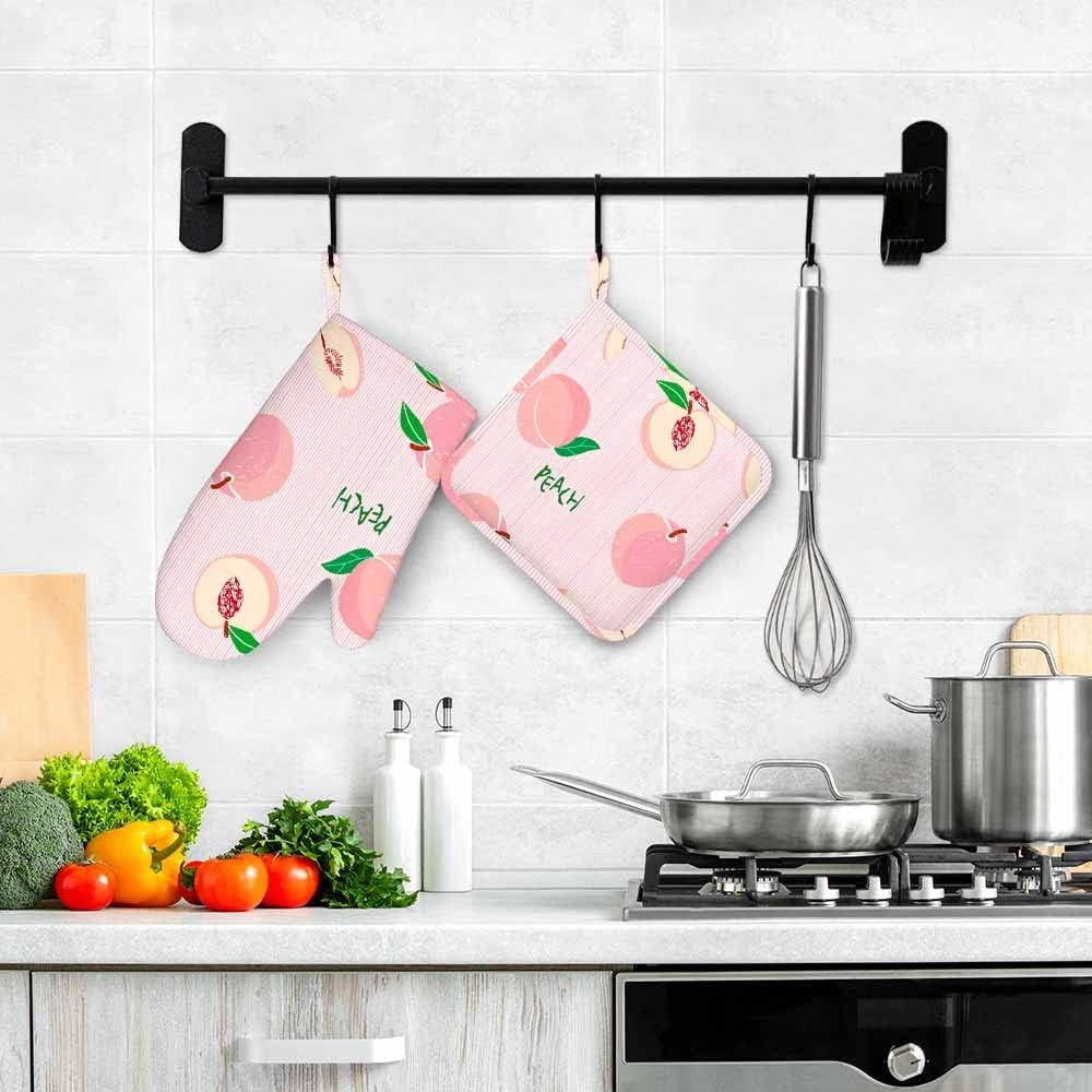 Pink Peach Silicone Oven Mitts and Pot Holders Sets Hand Drawn Fruits on Pink Striped Background BBQ Gloves for Kitchen,Cooking,Baking,Grilling